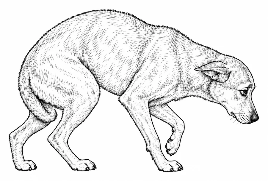Hund mit rundem Rücken, tief gesenktem Kopf, angelegten Ohren und eingeklemmter Rute (KI-generiertes Bild)