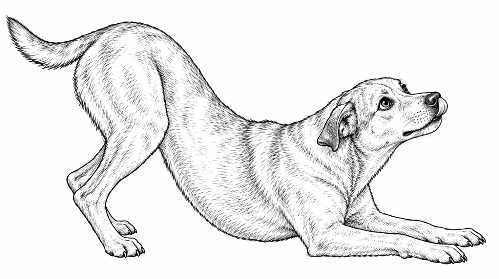 Hund in einer Spielverbeugung mit tiefem Vorderkörper und erhobenem Hinterteil, zurückgelegten Ohren, nach oben gerichtetem Blick und beschwichtigendem Züngeln (KI-generiertes Bild)