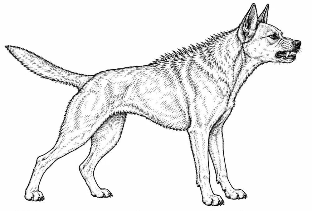 Hund steht hoch aufgerichtet mit Gewicht nach vorn, aufgestellten Ohren, gesträubten Nackenhaaren und sichtbaren Zähnen (KI-generiertes Bild)