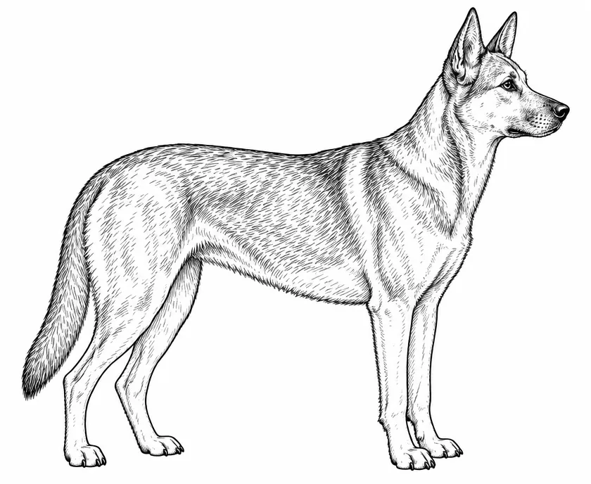 Hund steht ruhig mit aufgerichteten Ohren, geschlossenem Maul und locker hängender Rute, Beispiel aus dem Sachkunde-Trainer von Amy und Lilo (KI-generiertes Bild)